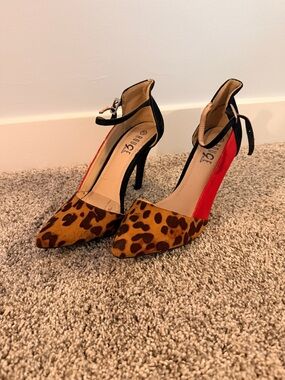 Rouge Helium Leopard Print Pointed Heels with Red & Black Accents